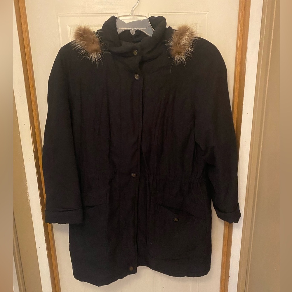 VTG American Bazaar Women's Black Parka Coat with Faux Fur Hood